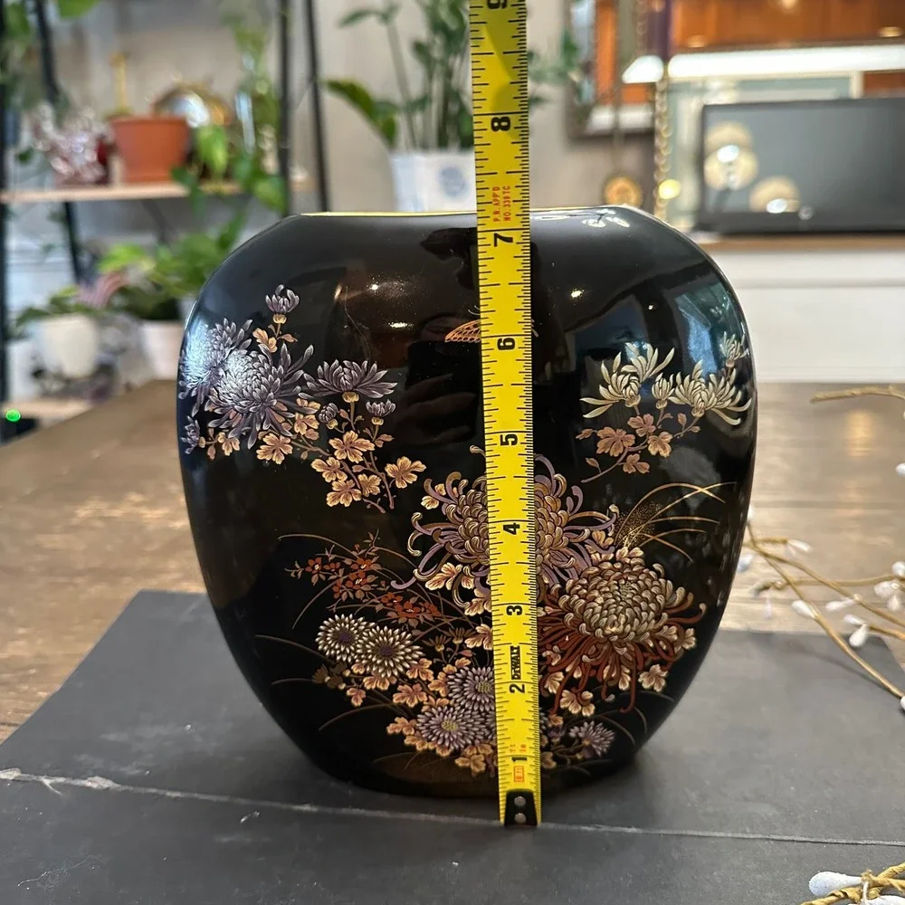 Vintage Japanese Black Porcelain Thin Vase Decor Chrysanthemum Butterfly 7 inch